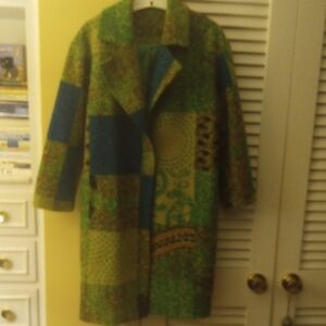 Patchwork Print Green and Blue Women's Coat